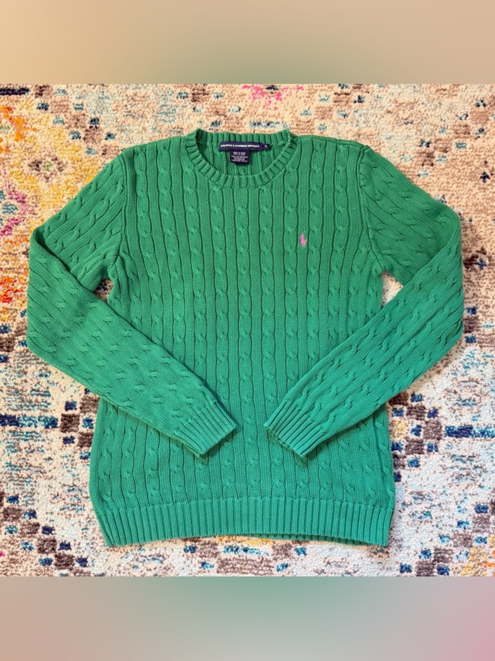 Vintage Ralph Lauren Green Cable-Knit Crewneck Sweater with Pink Pony